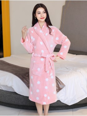 Polka Dots Print Flannel House Robe W/ Pockets